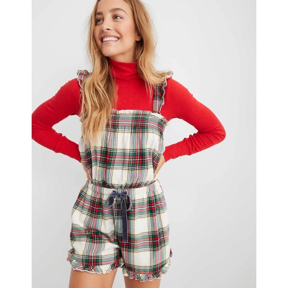 Aerie Plaid Romper Womens M Red Green White Holiday Ruffle Smocked Lounger